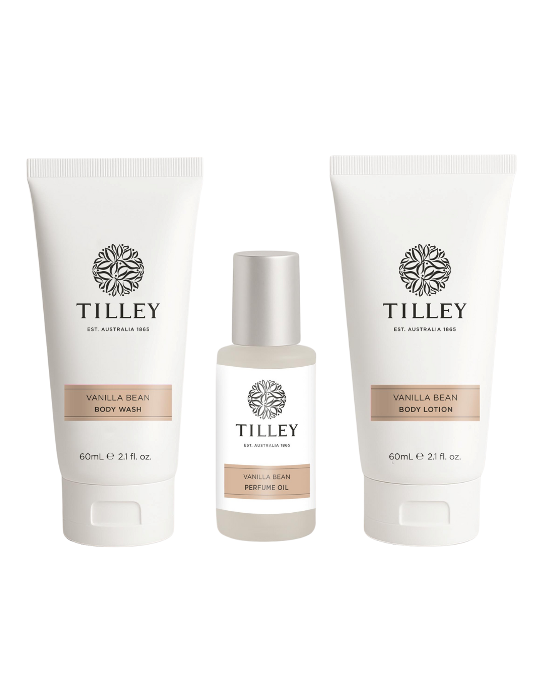 Vanilla Bean Essential Travel Set - 60mL Body Wash, 60mL Body Lotion, 15mL Body Oil + clear cosmetic bag