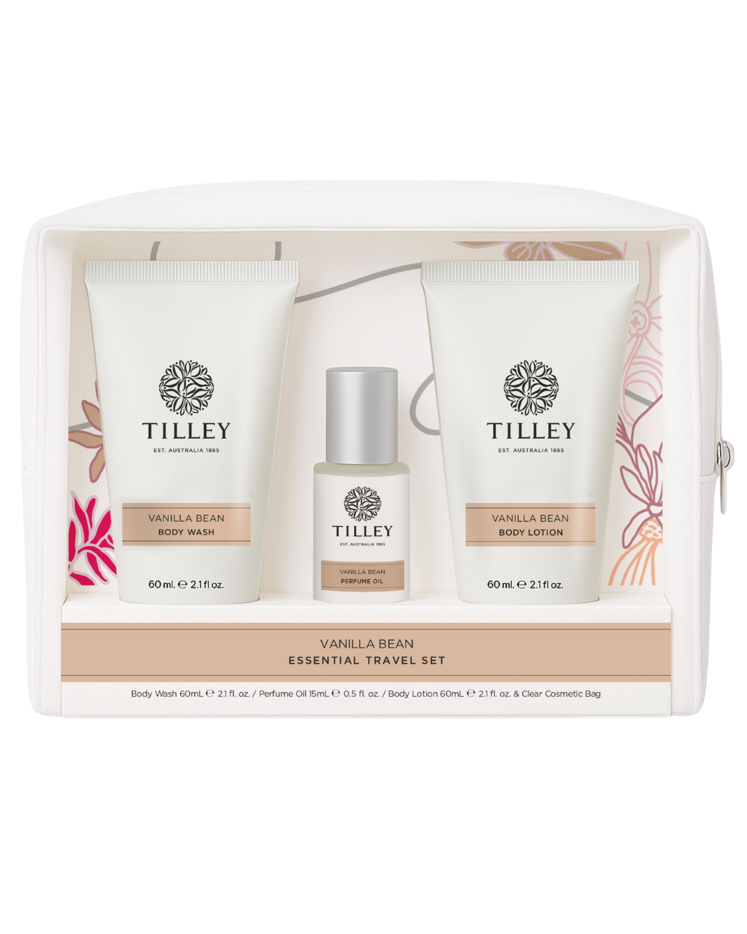 Vanilla Bean Essential Travel Set - 60mL Body Wash, 60mL Body Lotion, 15mL Body Oil + clear cosmetic bag
