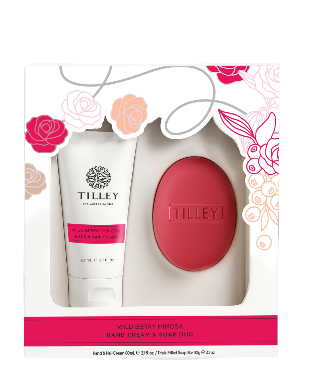 Wild Berry Mimosa Hand Cream & Soap Duo- 60mL Hand Cream, 90g Soap Bar