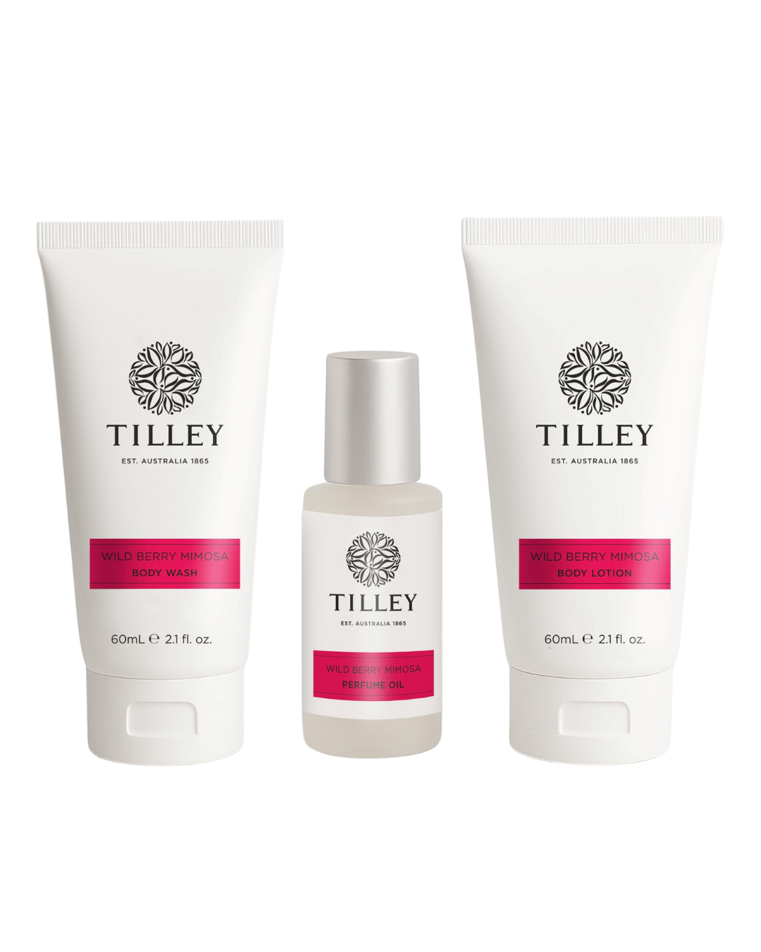 Wild Berry Mimosa Essential Travel Set - 60mL Body Wash, 60mL Body Lotion, 15mL Perfume Oil + clear cosmetic bag