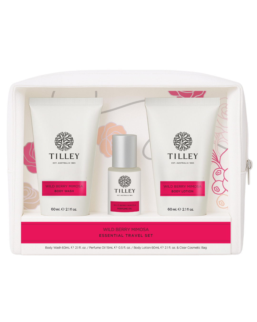 Wild Berry Mimosa Essential Travel Set - 60mL Body Wash, 60mL Body Lotion, 15mL Perfume Oil + clear cosmetic bag